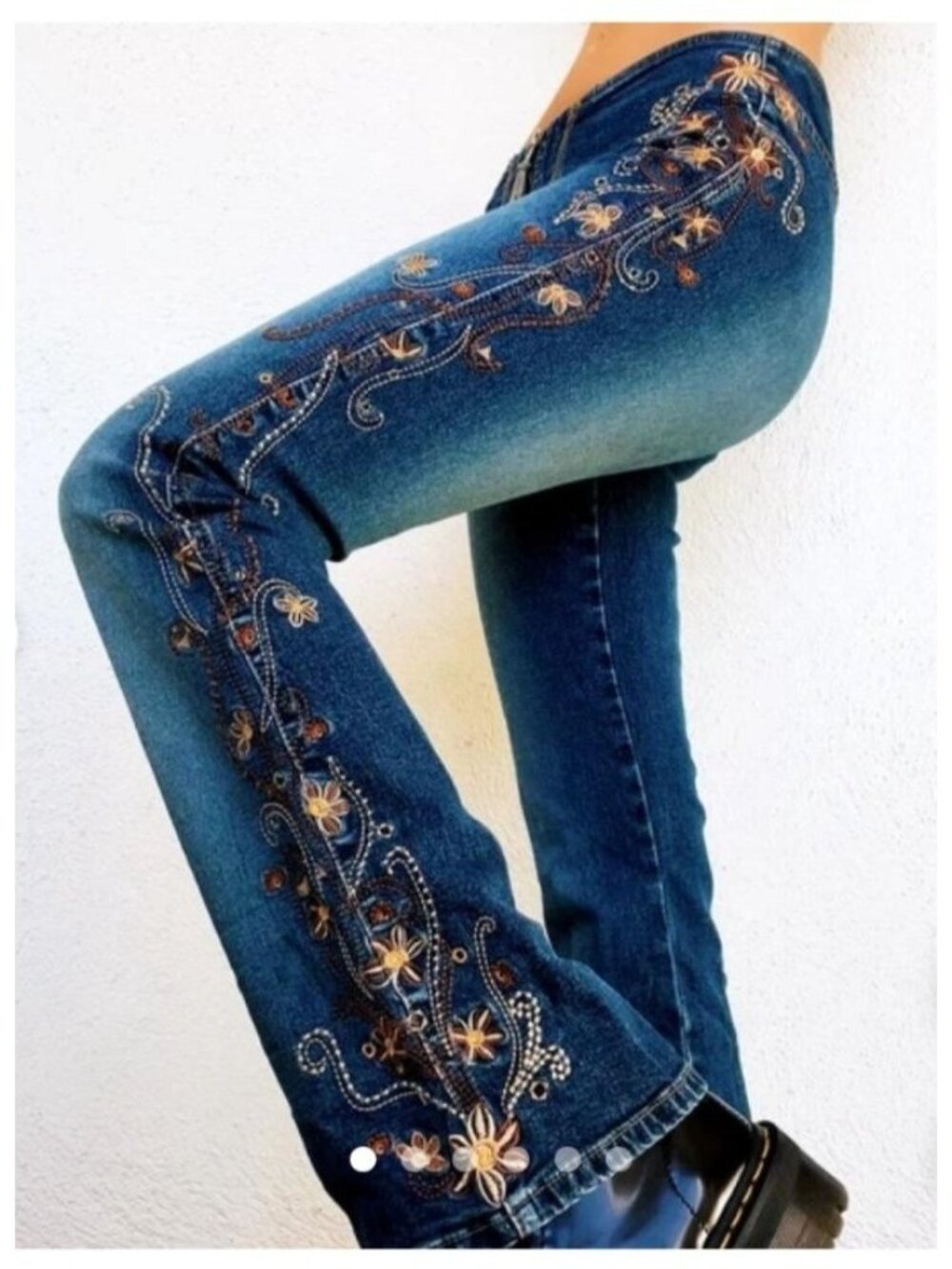 VTG Z Cavaricci Floral Embroidered Flared Denim Jeans size 7 Zipper Closure